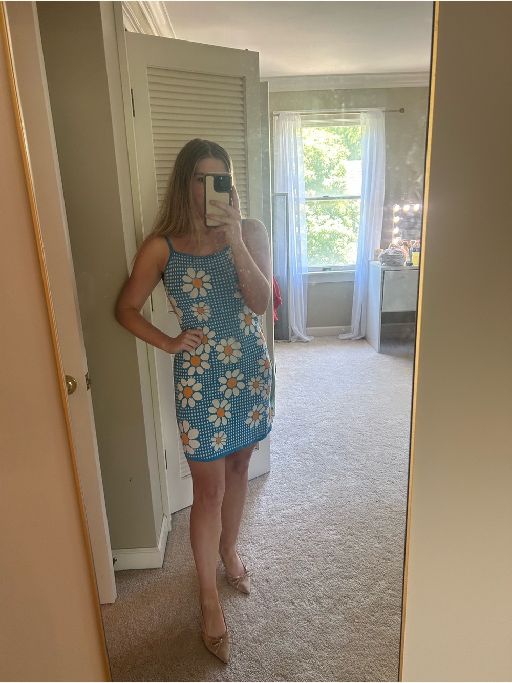 Zara Blue Floral Mini Dress with White & Yellow Daisies